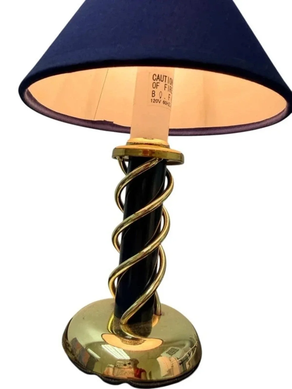 Vintage 1998 Art Deco Table Lamp Navy Blue Gold Spiral Column Fabric Shade